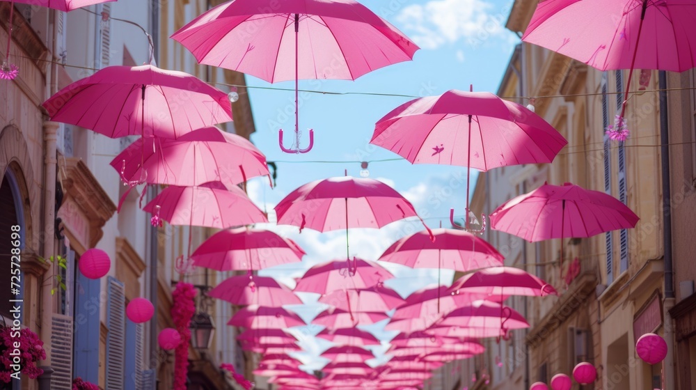 Poster Pink umbrellas hanging from the ceiling of a street. Perfect for adding a pop of color and whimsy to any urban setting