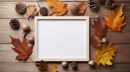 Wooden photo frame with dry maple leaves decoration autumn theme, wooden plank background.