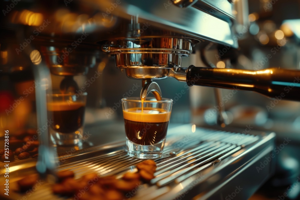 Poster an espresso machine preparing a delicious cup of coffee. perfect for illustrating the process of mak