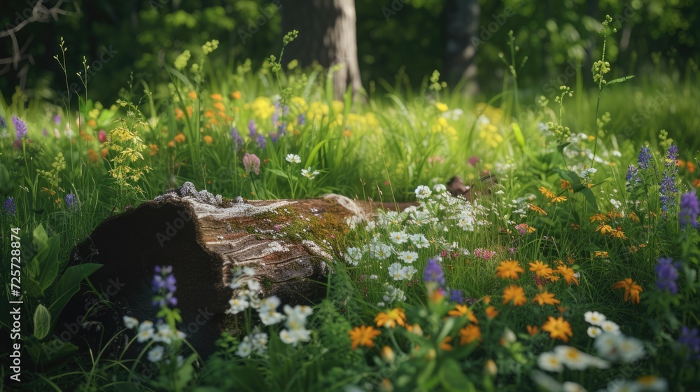 Aufkleber A log stands tall in the middle of a vibrant field of flowers. This picturesque scene can be used to add a touch of nature and serenity to any project