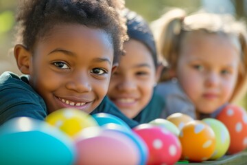 A diverse group of children excitedly hunting for Easter eggs in a vibrant garden. - obrazy, fototapety, plakaty