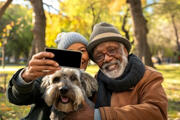 Smiling elderly couple taking a selfie with their happy dog in a park.
