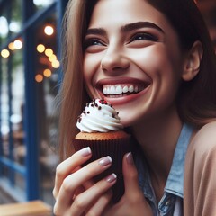 Woman eating a cupcake 