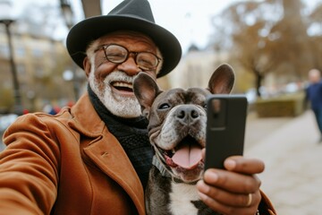 Happy african american senior man taking selfie photo with his dog on smartphone in park.