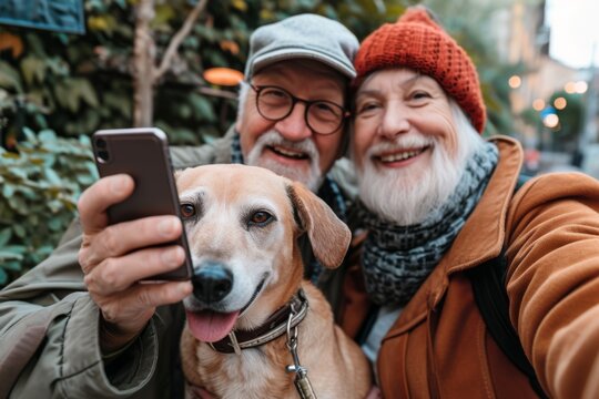 Happy senior couple taking selfie photo with dog on smartphone outdoors.