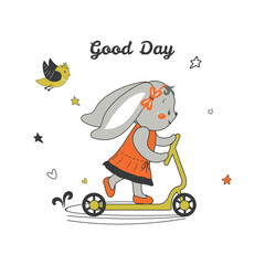 Obraz na płótnie Canvas A cute bunny on a scooter. A funny children's illustration with a wish for a good day. Vector design.