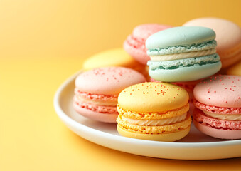 Obraz na płótnie Canvas colorful macaroons in a white plate isolated on yellow background