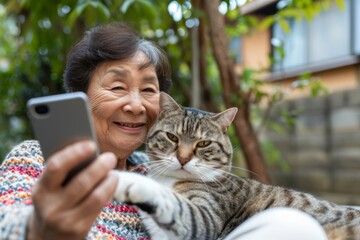 Joyful elderly Asian woman takes a selfie with her tabby cat outside.