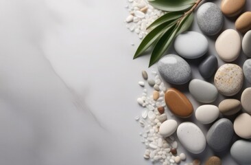 Fototapeta na wymiar Branches and stones on gray background on the right, top view. Natural colors. Suitable for branding and cosmetics packaging. Front perspective copy space. Mockup image