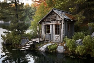 Fototapeta na wymiar small lakeside cabin made of weathered wood. Generative AI