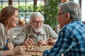 A group of seniors engaged in a lively board game, with a focus on a bearded man laughing and enjoying the moment, embodying leisure and camaraderie.