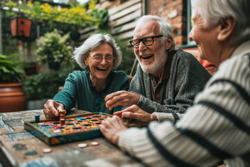 Two elderly women and a senior man share a hearty laugh while playing a colorful board game; lush green plants enhance the cozy outdoor setting.