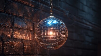 Glittering disco ball hanging from the ceiling with background of a black painted brick wall. 