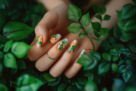 A close-up image of a woman's hand holding a beautifully manicured nail with intricate floral designs. T
