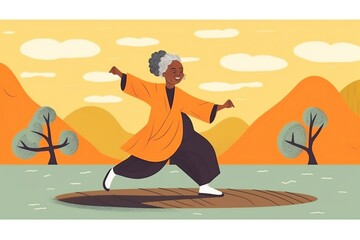 Obraz premium Older afro woman doing Tai Chi. AI Generated