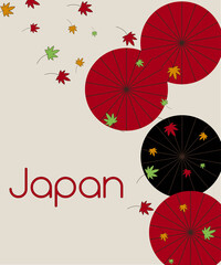 Japanese umbrellas. Banner with Japanese theme. Autumn in Japan. Umbrellas and and maple leaves. Leaf fall. Vector illustration. Eps 10