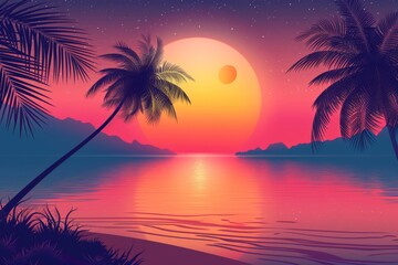 A vivid retro-styled illustration of a tropical sunset, with palm trees silhouetted against a neon sky, reflecting on a calm sea, invoking nostalgia and tranquility.