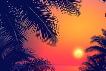 A picturesque sunset view through palm leaves, the sky ablaze with orange and pink hues, evoking a sense of tropical serenity and natural beauty.