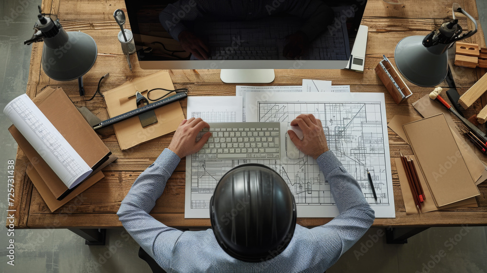 Poster overhead shot of an architect working at a desk with blueprints
