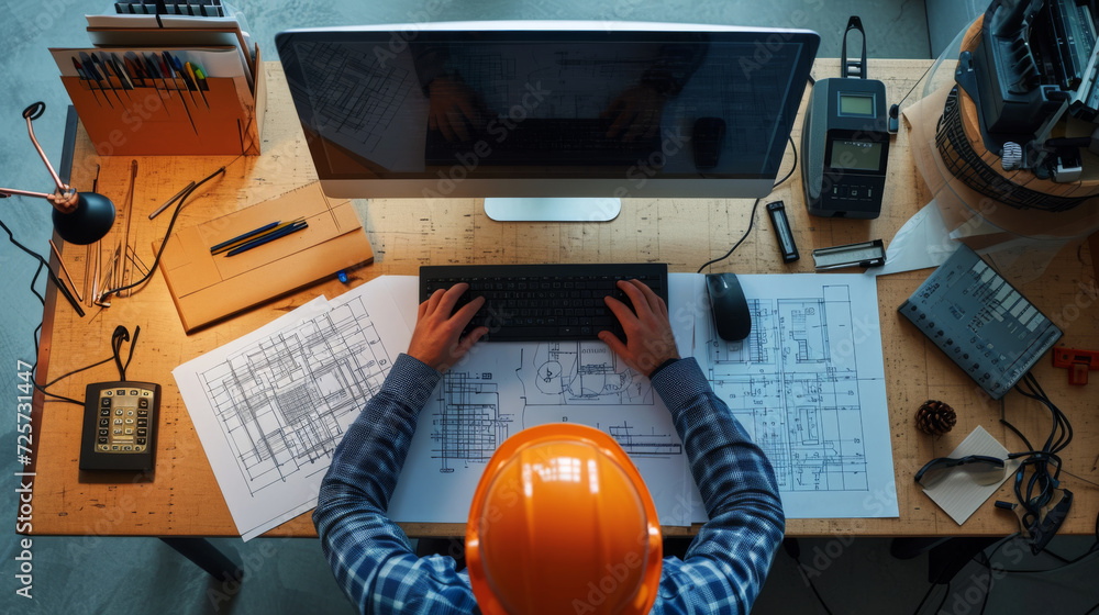 Poster overhead shot of an architect working at a desk with blueprints
