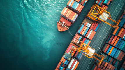 Aerial view of a cargo ship being loaded by a giant crane, symbolizing global trade.