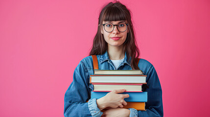 A cheerful young woman with glasses carrying a stack of books, dressed in a denim jacket against a vibrant pink backdrop.
