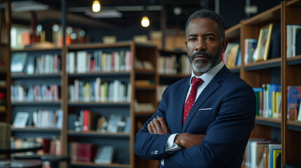 distinguished looking middle-aged man with salt and pepper hair, wearing a suit and standing with his arms crossed in front of a bookshelf filled with books - obrazy, fototapety, plakaty