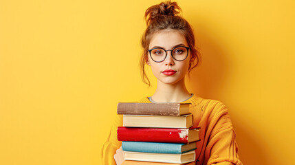 Focused young female with stylish glasses clutching a stack of colorful books, set against a bright yellow background.