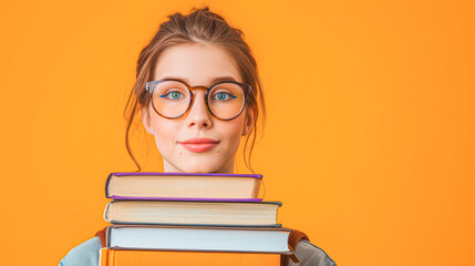 Cheerful young student with large glasses balancing a stack of books on her head against a vibrant orange backdrop.