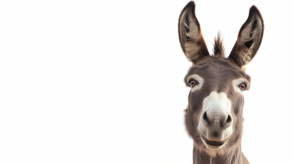 Donkey peeking into the frame from the right on a white background