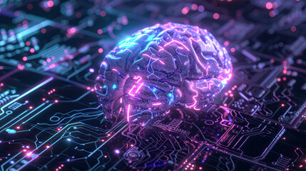 Digital Brain Concept with Network Connections.A visually striking representation of a digital brain with glowing neural network connections against a dark electronic circuit background.