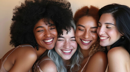 Fototapeta premium diverse group of five joyful young women are tightly huddled together
