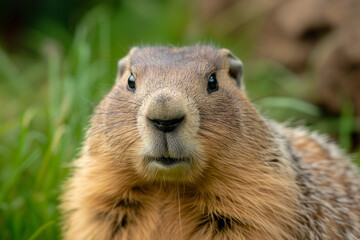 Naklejka na ściany i meble Groundhog Close-Up - Curious Wildlife on Groundhog Day Against a Spring Green Backdrop