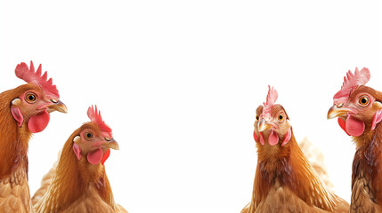 chickens peeking into the frame from the right on a white background