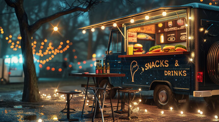 vibrant food truck at night illuminated by string lights - obrazy, fototapety, plakaty