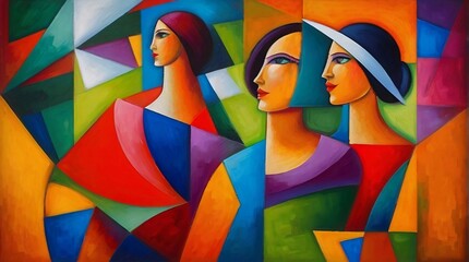 Abstract painting in cubist style, group of women,