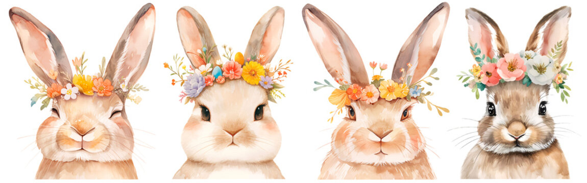 Easter Bunny Wearing A Flowers Crown, Colorful Watercolor Cute Rabbit Toy Isolated On White Background. Celebration Illustration Set And Spring Decorations. Cut Out PNG On Transparent Background.