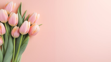 Kwiatowe brzoskwiniowe minimalistyczne tło na życzenia z okazji Dnia Kobiet, Dnia Matki, Dnia Babci, Urodzin czy pierwszego dnia wiosny z tulipanami. Szablon na baner lub mockup. - obrazy, fototapety, plakaty