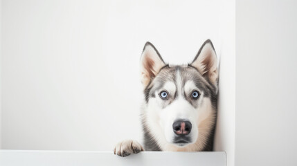 Siberian Husky peeking into the frame on a white background