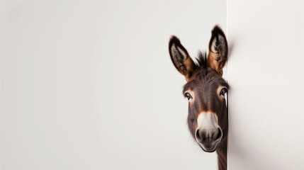 Donkey peeking into the frame from the right on a white background - obrazy, fototapety, plakaty