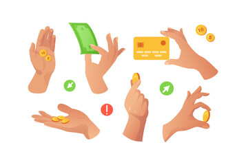 Set of realistic hands performing financial transactions. Coins and bills, bank and credit cards. Investments, finance, profit or benefit, trade. Online banking applications. Economy, payment concept