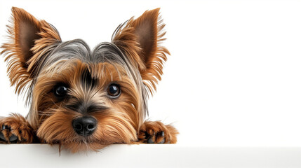 Yorkshire Terrier peeking into the frame on a white background