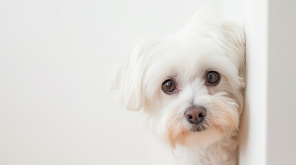 Maltese peeking into the frame on a white background