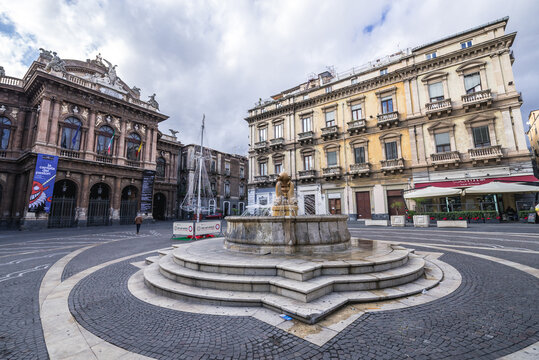 Catania, Italy - December 16, 2016: Teatro Massimo Bellini opera house and fountain on Square of Vincenzo Bellini in Catania city, Sicily Island