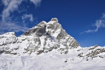 Beautiful snowcapped Matterhorn from ski slopes in Cervinia Valtournenche ski resort, Italian Alps....