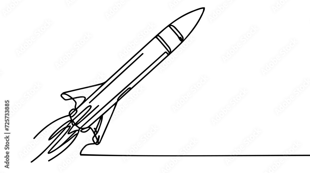 Poster rocket takeoff. spaceship launch. launch of a military ballistic missile. one continuous line. linea