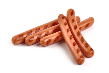 Grilled pork sausages, cooked sausages bbq, isolated on white background.