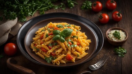 Italian pasta in a plate on a wooden table, pasta with tomato sauce and vegetables, Delicious food, lunch and dinner