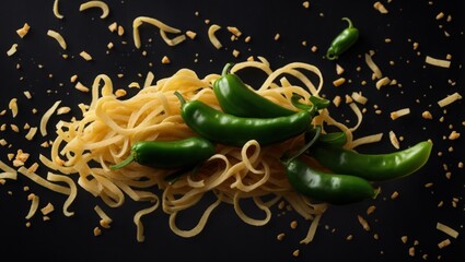 Pasta with tomato and bell pepper on table, minimal, adverising, Delicious food, Italian pasta