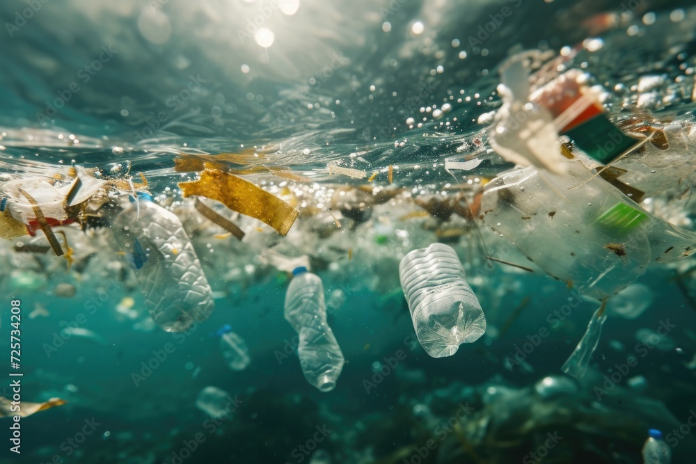 Poster plastic bottles floating in the ocean. ideal for raising awareness about plastic pollution and envir